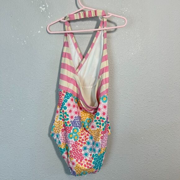 Hanna Andersson Girls Halter One Piece Swim Suit 10 140 Pink Flowers Stripe - Picture 3 of 7